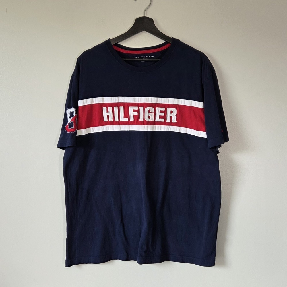 Tommy Hilfiger Shirt Mens XL Navy Blue Spellout Colorblock Varsity T-Shirt 2014